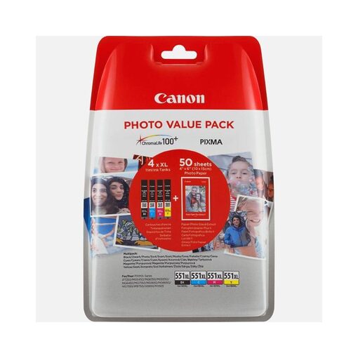 Canon Ink Cart. CLI-551XL C/M/Y/BK Photo Value Pack + 4x6 PP-201 50SH blistered (6443B006) für iP8750/iX8750/iX6850/ MG5550/5650/5655/6450/6650/ 7150/7550/MX725/925