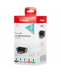 Canon Ink Cart. CLI-8 Blister MultiPack (bk/pc/pm/r/g) (0620B027) für iP3300/iP4200/iP4300/ iP4500/iP5200R/iP5300/iP6600/ iX4000/iX5000/iX5200R/iX6700D/ MP510/MP530/MP600R/MP810/ MP830/MX700/MX850/Pro9000